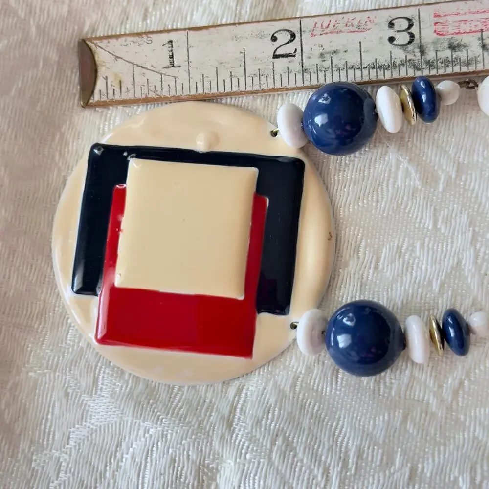 Vintage 1970s Bauhaus Abstract Enamel Pendant Red White & Blue Beaded Necklace